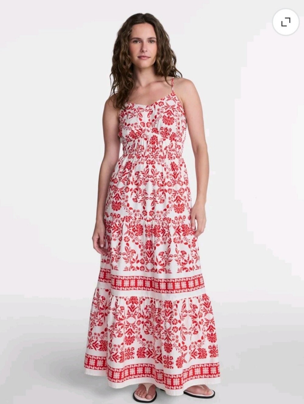 Time & Tru Red White Floral Tiered Maxi Dress